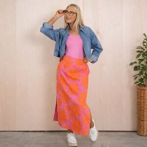 Ivy Jane Mango Daisy Floral Maxi Skirt Pink Orange Size Large NWT